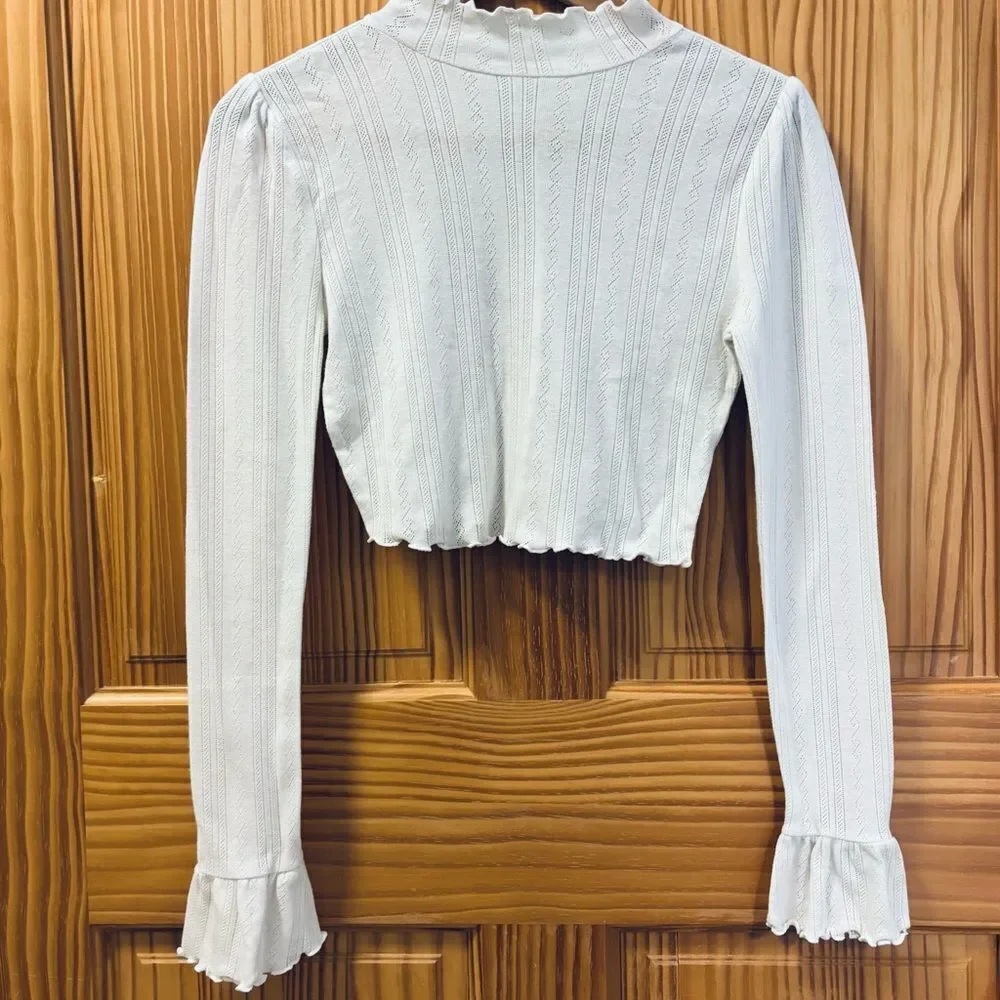 Intimately Free People Cream Ruffled Cropped Crop Shirt Top Tee Size S